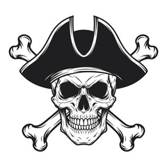 Pirate skull wearing a bicorne hat with crossed bones behind it