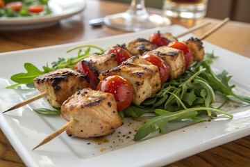 Grilled chicken skewers with cherry tomatoes on a bed of arugula.
