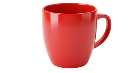 Stock photo of a red ceramic coffee mug for hot beverages and drinks isolated on black background on transparent background