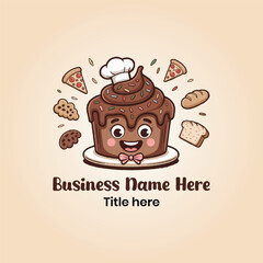 Cute Cartoon Bakery Logo with Chocolate Cupcake and Pastry Icons – Vector Illustration,
