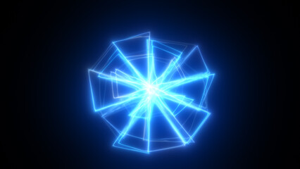 Glowing electric blue abstract geometric pattern radiating energy on a dark background