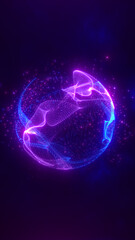 Futuristic 3D sphere made of neon particles glowing in vibrant pink and blue against a dark tech background