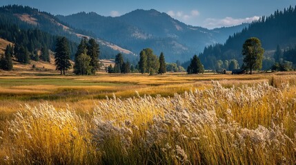   Grassy field with trees and a distant house amidst a mountain range