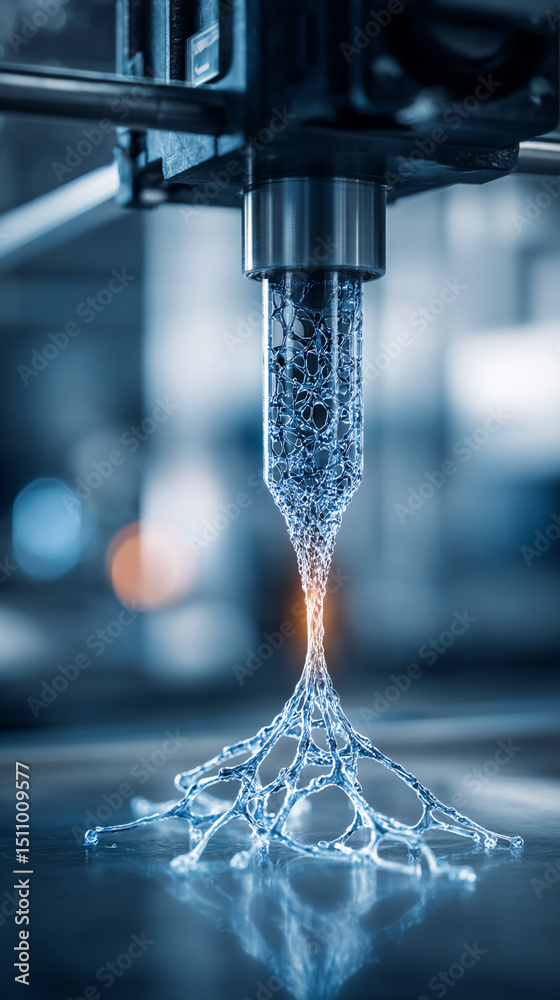 Poster close-up of a liquid structure, intricately formed like a network, dripping from a nozzle, showcasin