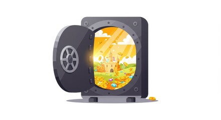 Vault door stands open, revealing a sparkling treasure trove filled with coins and a castle view