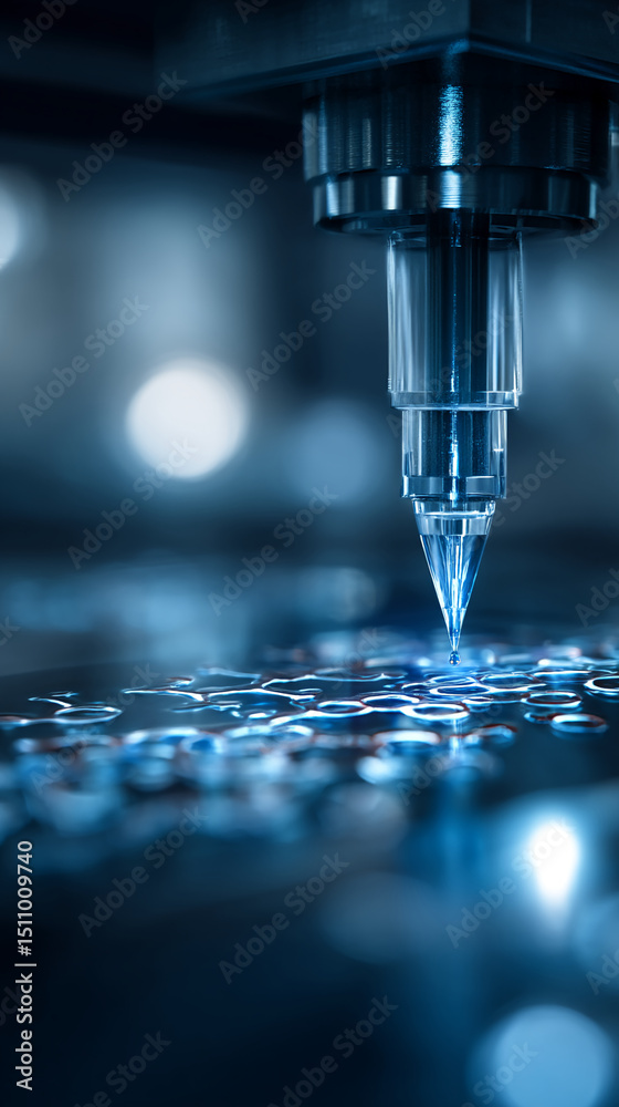 Poster close-up of precision instrument dispensing liquid onto a reflective surface, showcasing technologic