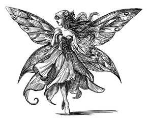 fairy isolated with large ornate wings flowing dress long wavy hair hand drawn sketch artistic fantasy card design element line art detailed vector illustration © Oleksandr Yashchuk