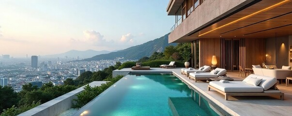 Luxury cityscape holiday villa with panoramic city views, modern architecture and spacious interiors, perfect for a memorable vacation , swimming pool, garden, minimalist