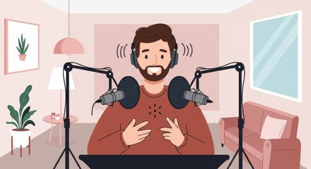 A cheerful podcast host shares insights in a cozy home studio with soft lighting and plants
