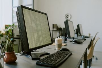 Empty office workspace showing multiple desktops with keyboards and coffee cups. Background including potted plants and office equipment creating professional atmosphere