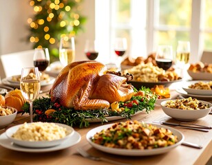 Roasted turkey feast on a Thanksgiving table