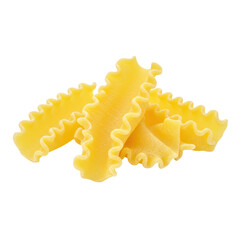 Few pieces of tripoline pasta ribbons with ruffles, 3/4 view, on a clean white transparent background, clear contours, no shadows, ultra realistic. Concept for commercial food photography