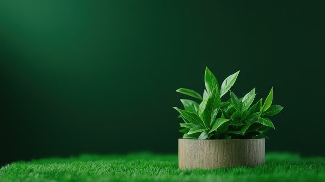 A lush green plant elegantly displayed in a rustic wooden pot sits against a rich green backdrop, creating a natural vibe that evokes peace and serenity.