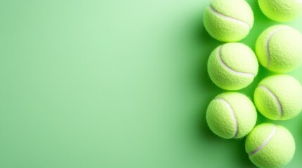 A dynamic arrangement of bright green tennis balls set against a vibrant green backdrop, embodying sports energy and the excitement of tennis culture and play.