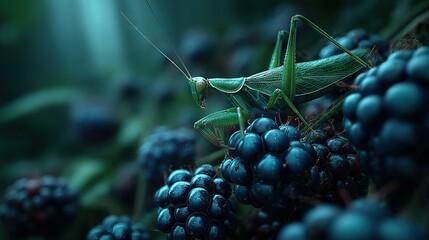 Naklejka premium Close-up of a grasshopper perched on grapes and other berries, surrounded by more in the background