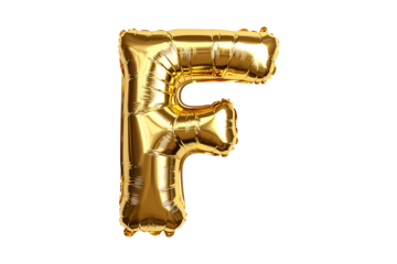 English Letter F made with gold foil balloon isolated on a transparent background
