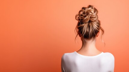A young woman with a sophisticated hairdo is set against a vibrant orange wall, showcasing modern hair fashion and a lively atmosphere that embodies self-expression and creativity.