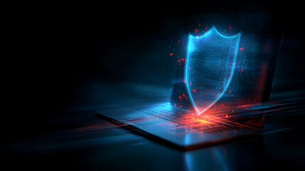Glowing blue shield icon above laptop keyboard, symbolizes digital security and online protection, conveying technological safety and data privacy