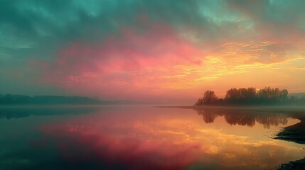 Naklejka premium A vast expanse of water with surrounding trees and an overcast sky above