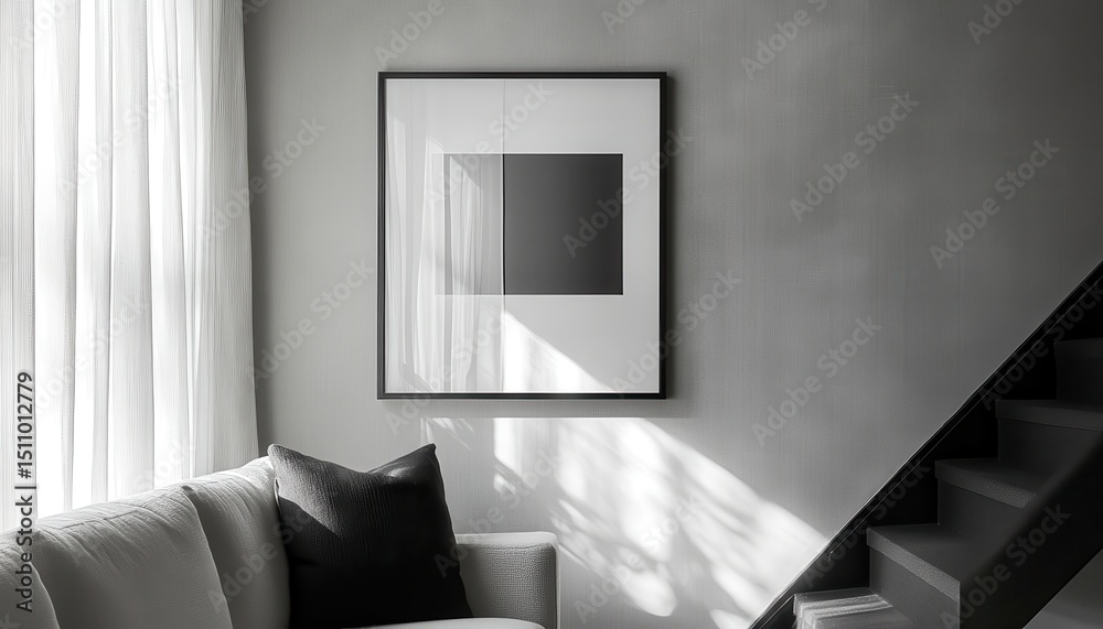Poster modern living room with minimalist design featuring a gray couch and a framed artwork illuminated by