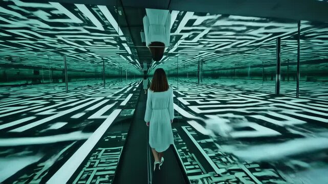 Visitor strides across glowing grid inside glass maze, ceiling mirrors footfalls while shifting patterns twist view, curiosity drives through shimmering glass maze illusion toward heart of glass maze.