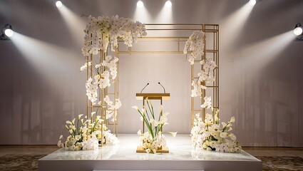 Elegant wedding ceremony setup white flowers gold arch