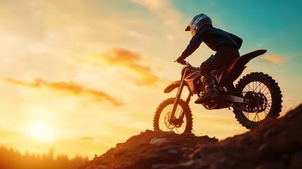 A silhouette of a motocross rider atop a dirt hill, capturing a stunning sunset backdrop filled with hues of orange and blue, embodying adventure and freedom.