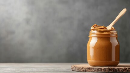 A delicious jar filled with creamy peanut butter, with a wooden spoon resting on top, epitomizing comfort food and inviting indulgence on a rustic countertop.
