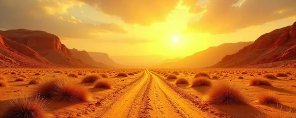 Fotobehang A vibrant, sun-drenched landscape ablaze with intense yellow hues Heat shimmers off the dry earth, conveying a sense of intense summer heat and arid beauty , golden, natural light, summer © mka