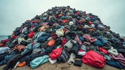 A large pile of discarded clothing illustrates the serious problem of textile waste and pollution related to fast fashion.