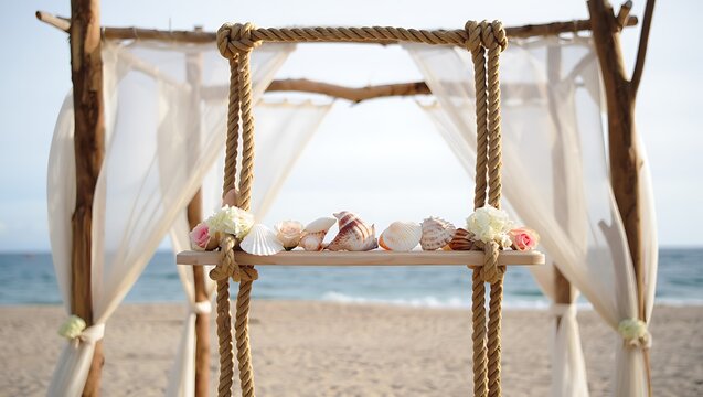 Romantic beach wedding seashell decor rope swing