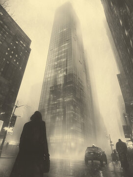 Panoramiczne ujęcie wieżowca w miejskim krajobrazie spowitym mgłą lub deszczem, z widocznymi światłami i sylwetkami ludzi na ulicy.