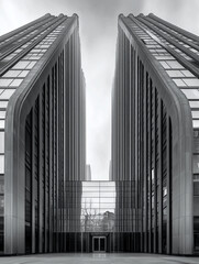 Imponujące, symetryczne bliźniacze wieżowce o nowoczesnej architekturze, połączone szklanym łącznikiem, tworzące monumentalny i minimalistyczny widok.