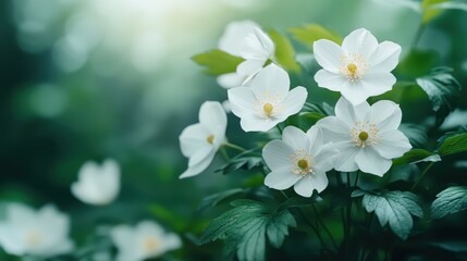 Fototapeta premium A close-up view of stunning white flowers blooming among lush green foliage, symbolizing purity, renewal, and the beauty of nature in a vibrant environment.