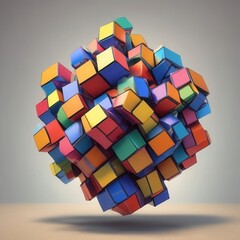 Abstract Colorful Floating Cubes in Perspective, Modern Art