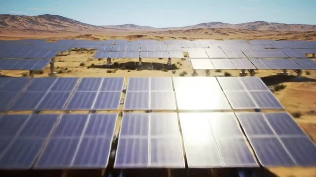 A dry futuristic desert filled with high-tech solar panels, stretching toward the horizon under a clear sky, representing renewable energy and ecological innovation.