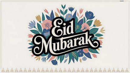 Eid mubarak text in black and white with floral design on a light background card