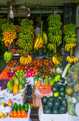 Various exotic fruits at local market in Kandy, Sri Lanka, Asia	