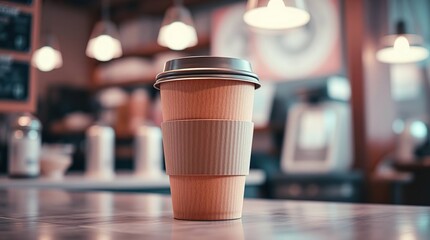 A disposable coffee cup on a cafe table