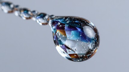   A macro shot of a water droplet on a strand of glass beads with multiple water drops adorning it