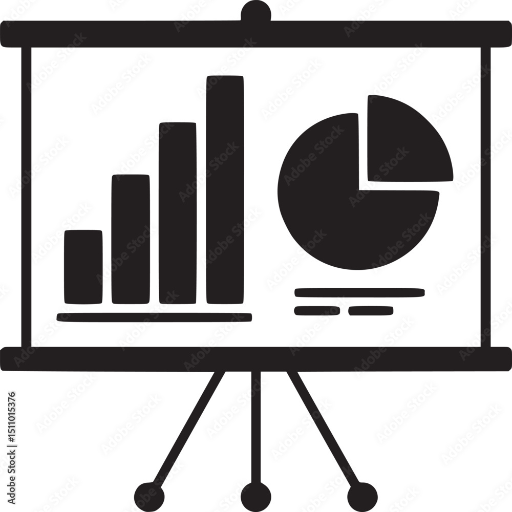 Poster presentation board displaying bar graph and pie chart in black and white icon