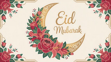 Eid mubarak greeting card with floral crescent moon and corner floral decorations