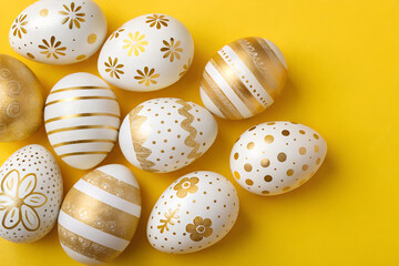 Elegant White and Gold Easter Eggs on Yellow Background
