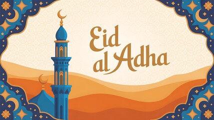 Eid al adha illustration with mosque, crescent moon and decorative border design