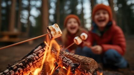 Two cheerful children joyfully roast marshmallows over a glowing campfire in a forest, capturing the essence of childhood adventure and the warmth of shared moments.