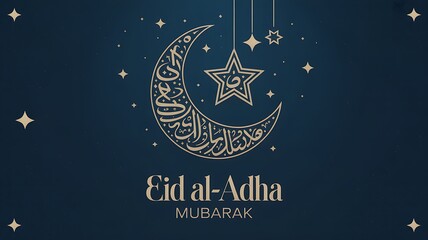 Celebration of eid al adha with crescent moon and stars on a dark blue background