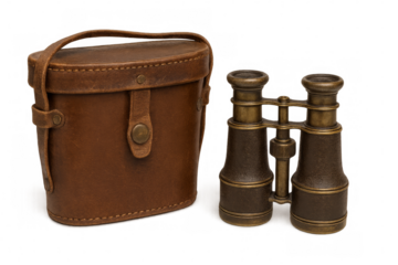 Vintage binoculars with leather case on transparent background