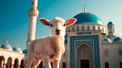 A lamb standing in front of a mosque with blue domes on a sunny day outside area