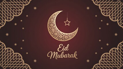 Eid mubarak greeting card with golden crescent moon and star on dark background