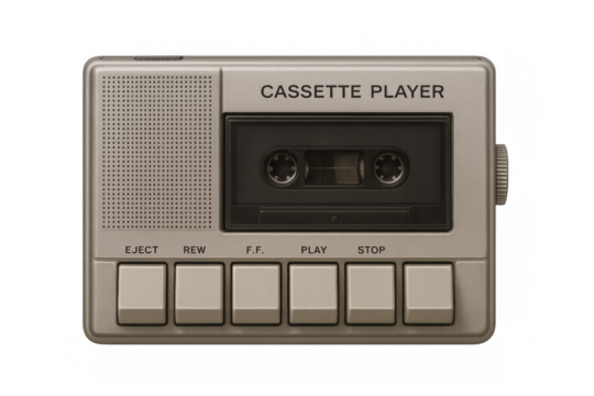 Vintage cassette player playing music on transparent background